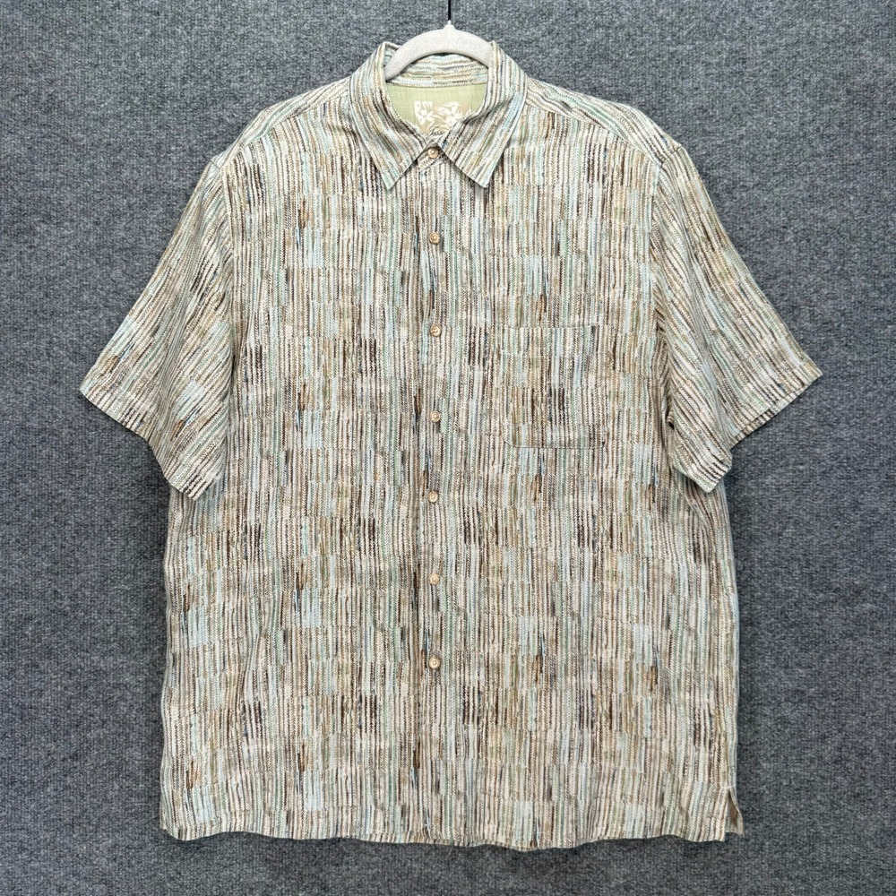 Tasso Elba Button Up Shirt Mens Large Brown Silk Linen Island Resort‎ Beach